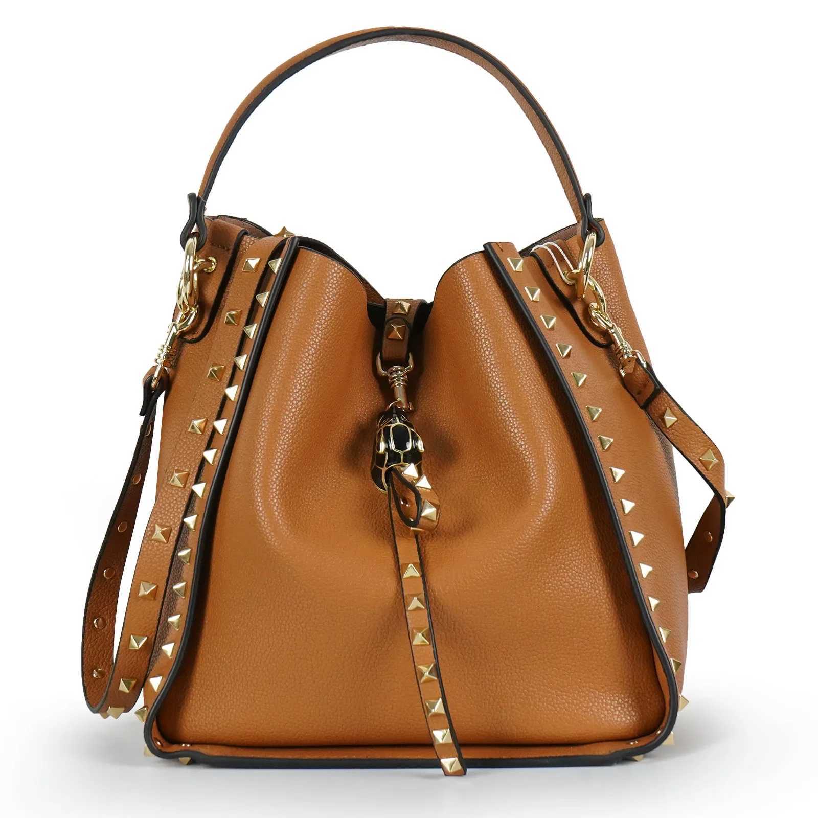 2024 Spring New Womens Fashion Bucket Bag Cropped Studs Genuine Leather Handbag Versatile Soft Cow Leather Crossbody BagW251118