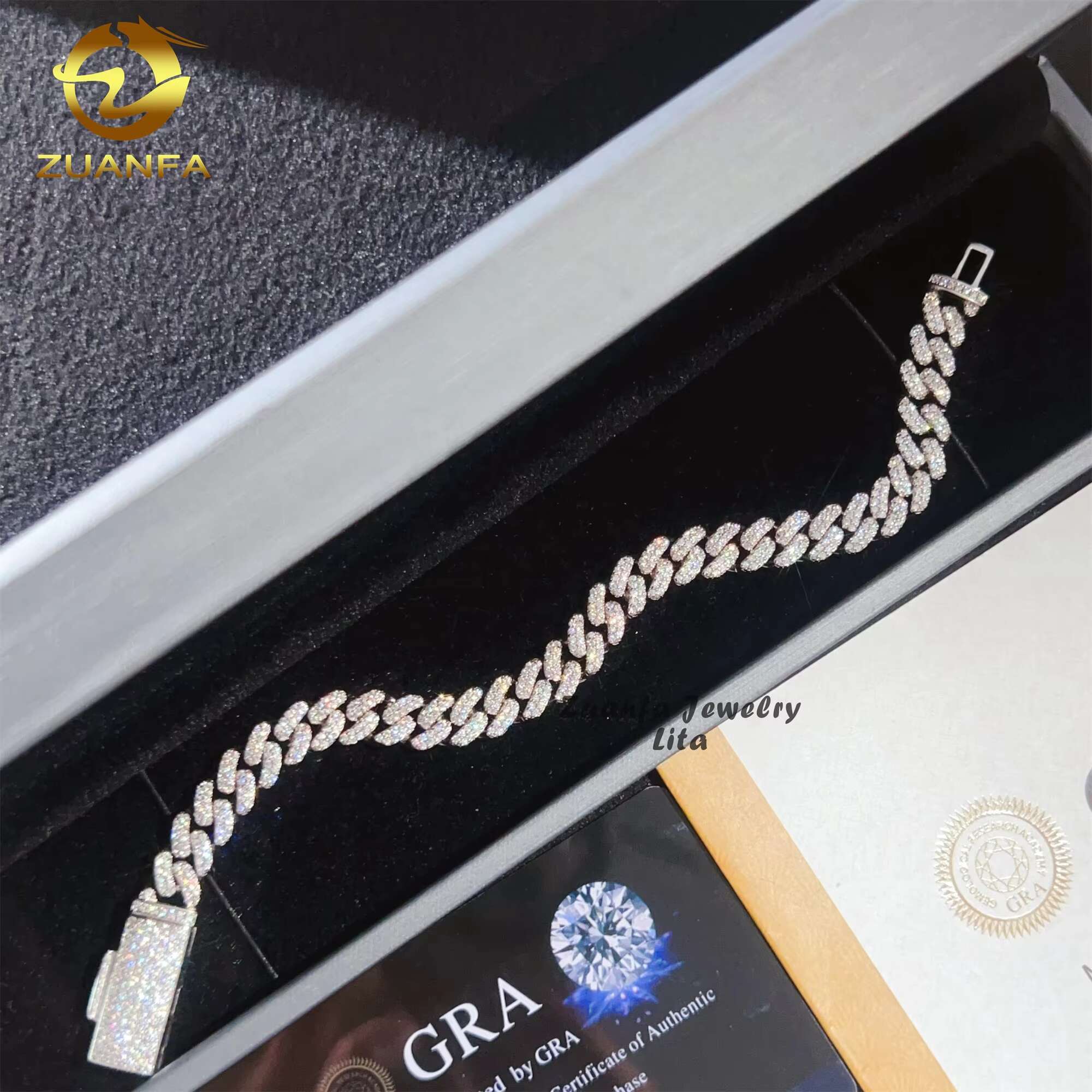 925 Silver Jewelry Hip Hop Style 8mm Thin Two Row Iced Out Moissanite Diamond Cuban Link Bracelet