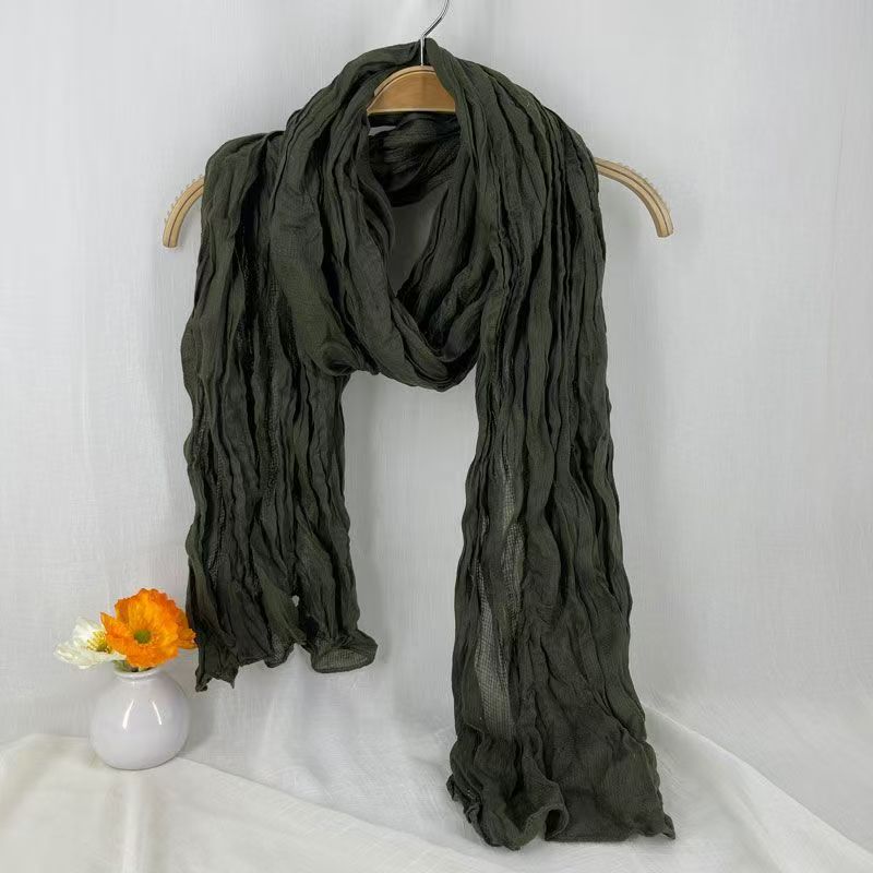T498 solid color Japanese cotton and linen scarf pleated retro autumn and winter warm neck shawl literary all-match fashion neck scarf