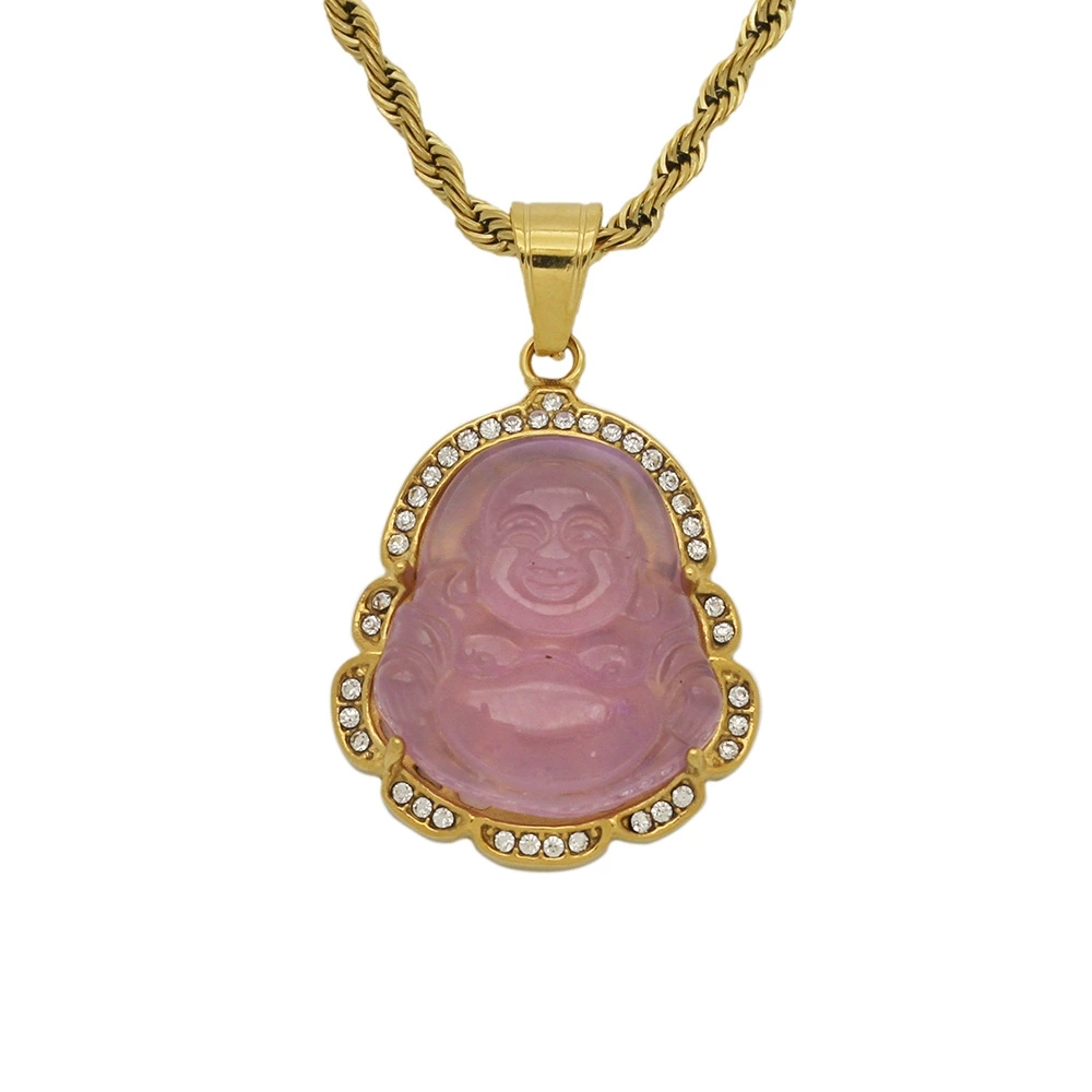 Stainless Steel Laughing Buddha Pendant - Diamond Encrusted Malaysian Chalcedony Necklace with Chain 9colors