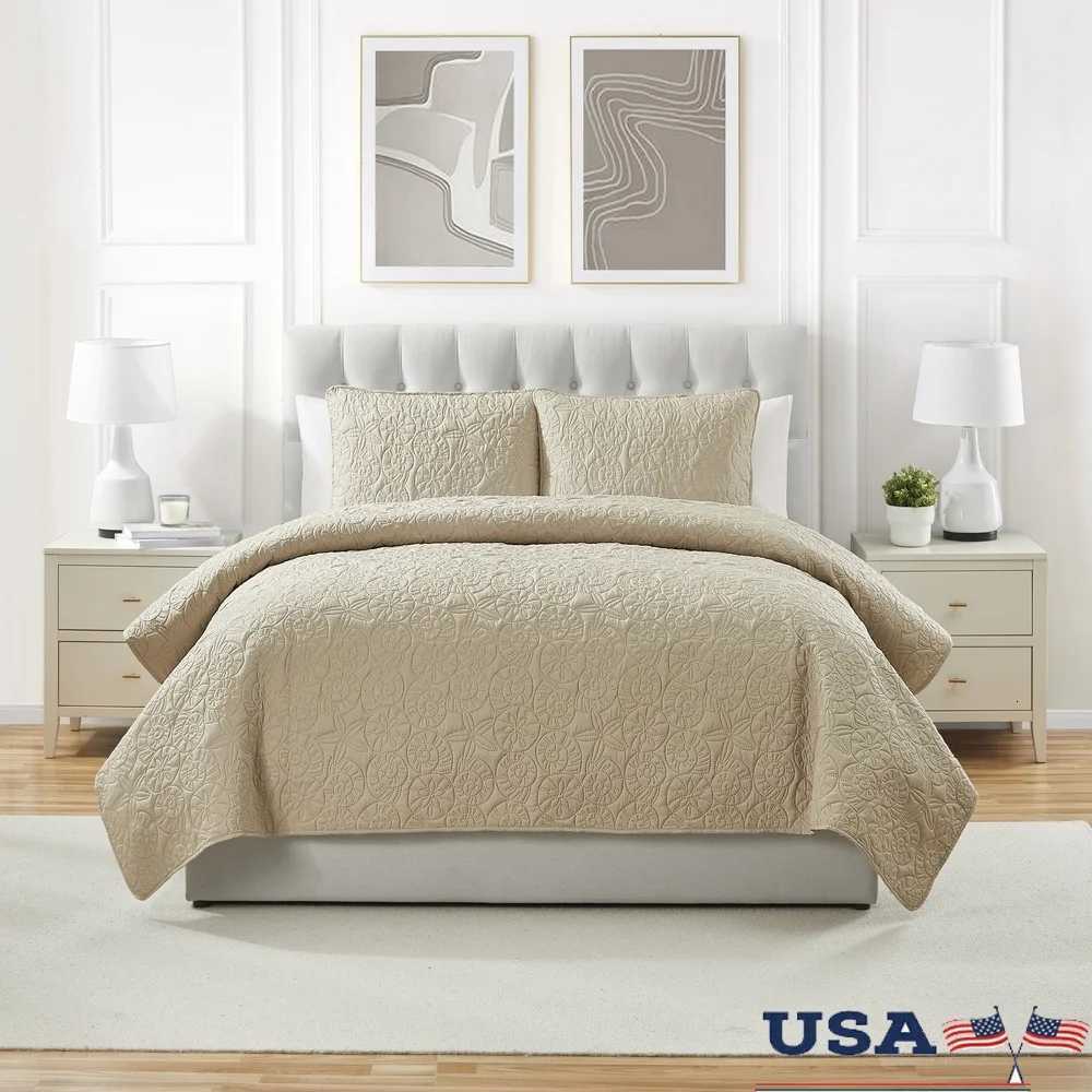 Coastal 3-Piece King Quilt Set Soft Lightweight Seashell Pattern Pinsonic Textured Hypoallergenic Microfiber Bedding ShamsM251118