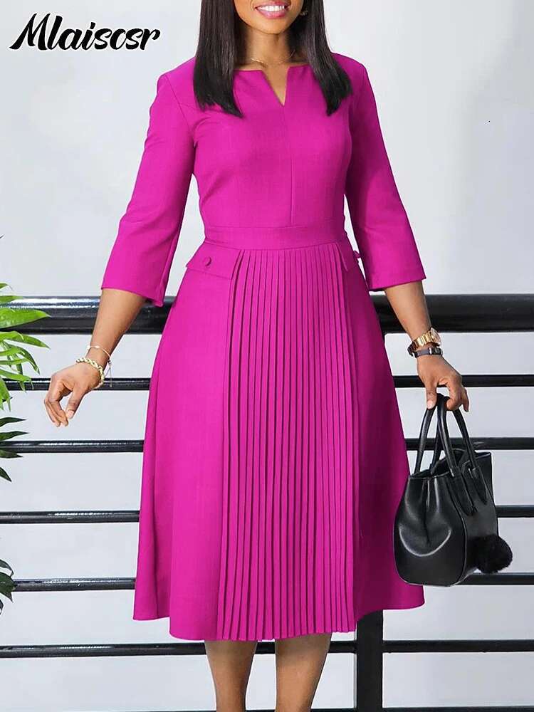 Mlaiscsr Elegant Pink A-E Dresses Women V-Neck 3/4 Sleeve Pleat African Party Evening Guest Birthday Midi Dress OL Clothing