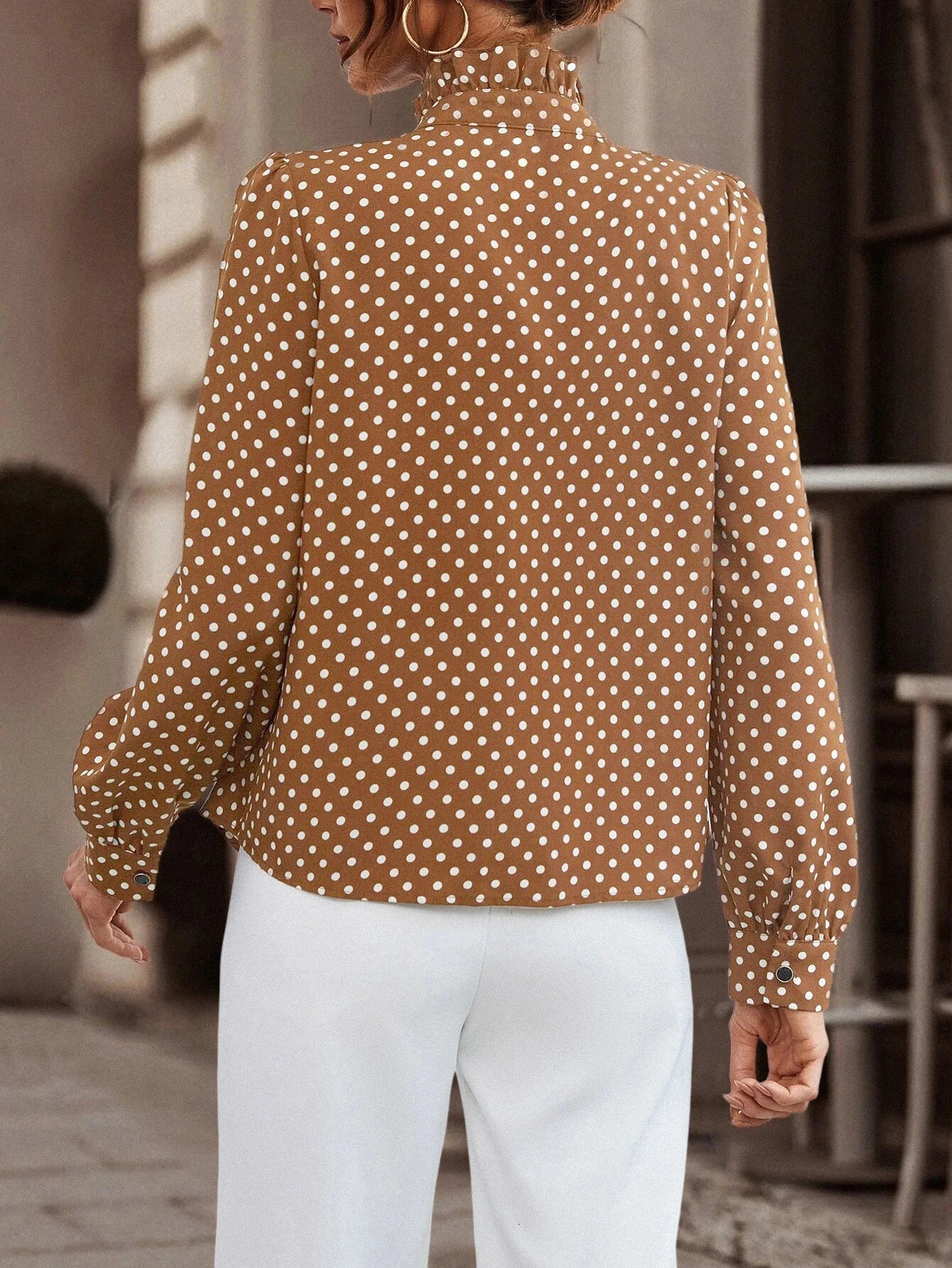 Spring Summer Long Sleeve Button Shirt Fashion Polka Dot Print Ruffle Women Shirts Blouses Elegant Office Lady Casual Top 250417