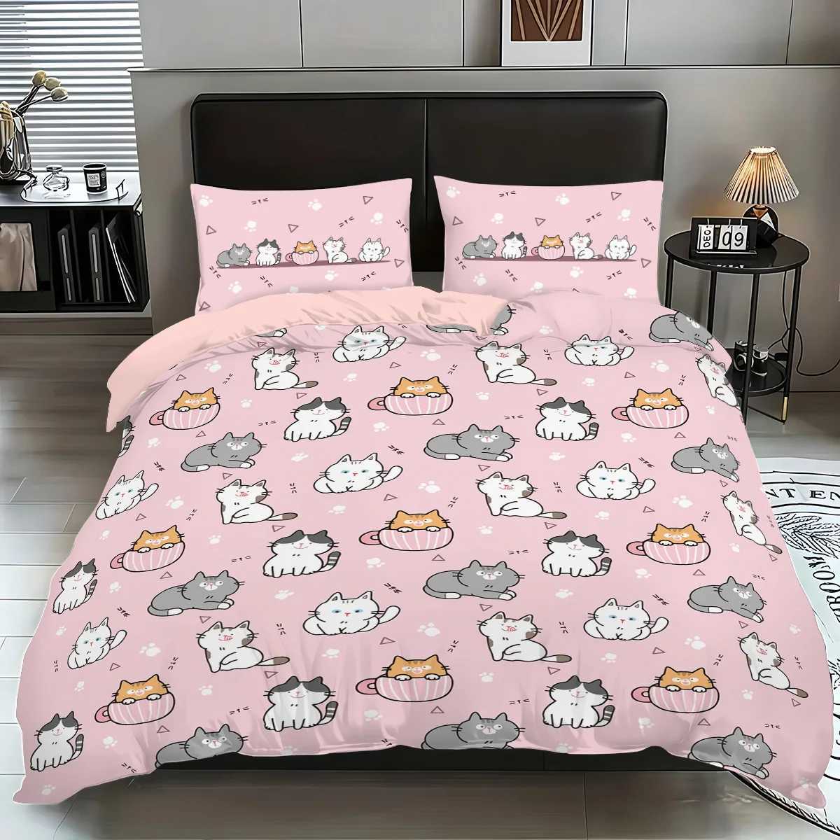 3pcs 1 duvet cover 2 cases coreless pink cute cartoon cat element printed bedding set soft and comfortableM251118