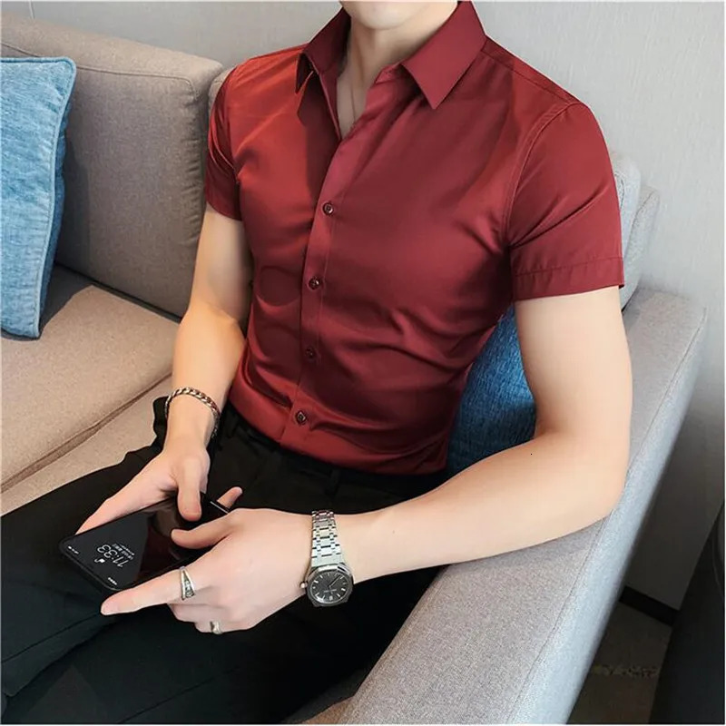 Summer Men Fashion Casual Short Sleeve Solid Shirt Super Slim Fit Male Social Business Dress Shirt Men Casual Dress Blouse 250417
