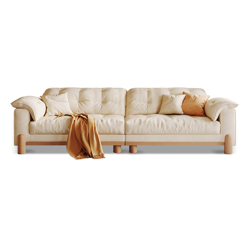 Log Wood Cream-Style Sofa, Skin-Friendly Fabric Plush Couch with Cushions, Modern Comfortable Living Room Sofa, Stylish Home Furniture with Wooden Leg