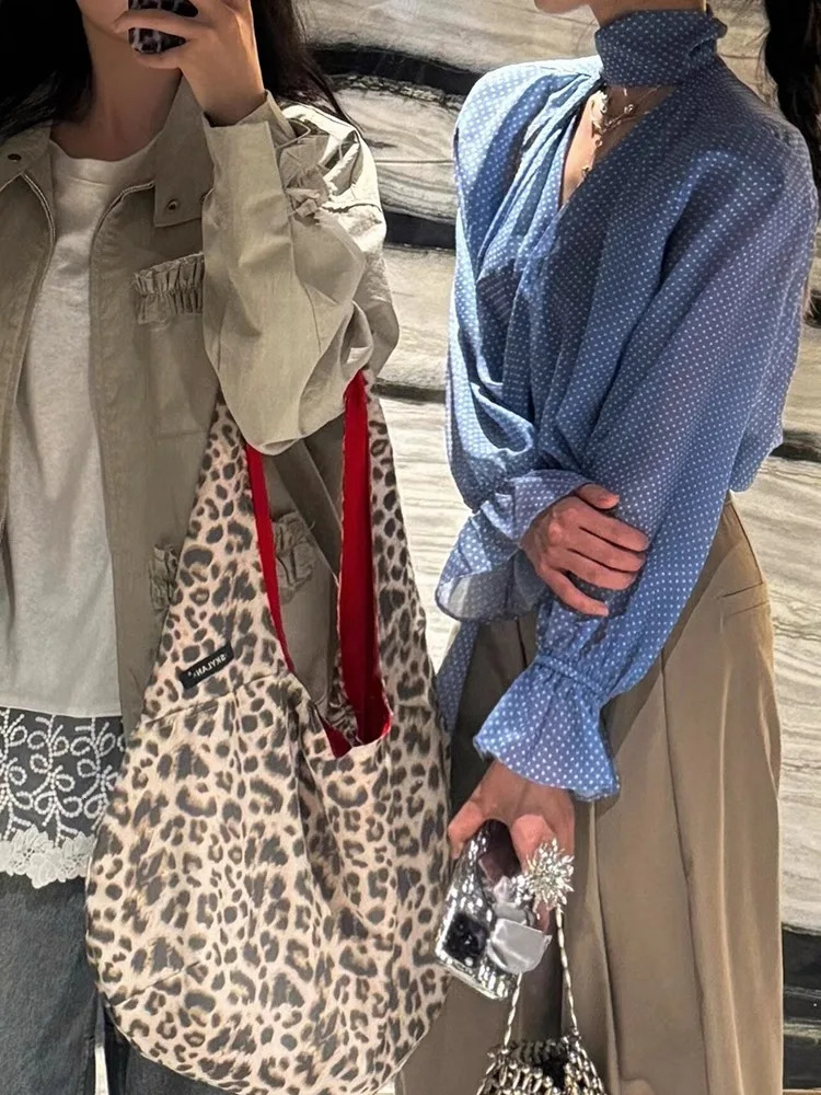 Ribbon V-Neck Blue Polka Dot Shirt For WomenS 2025 Spring/Summer French Style Unique Temperament Top 250417