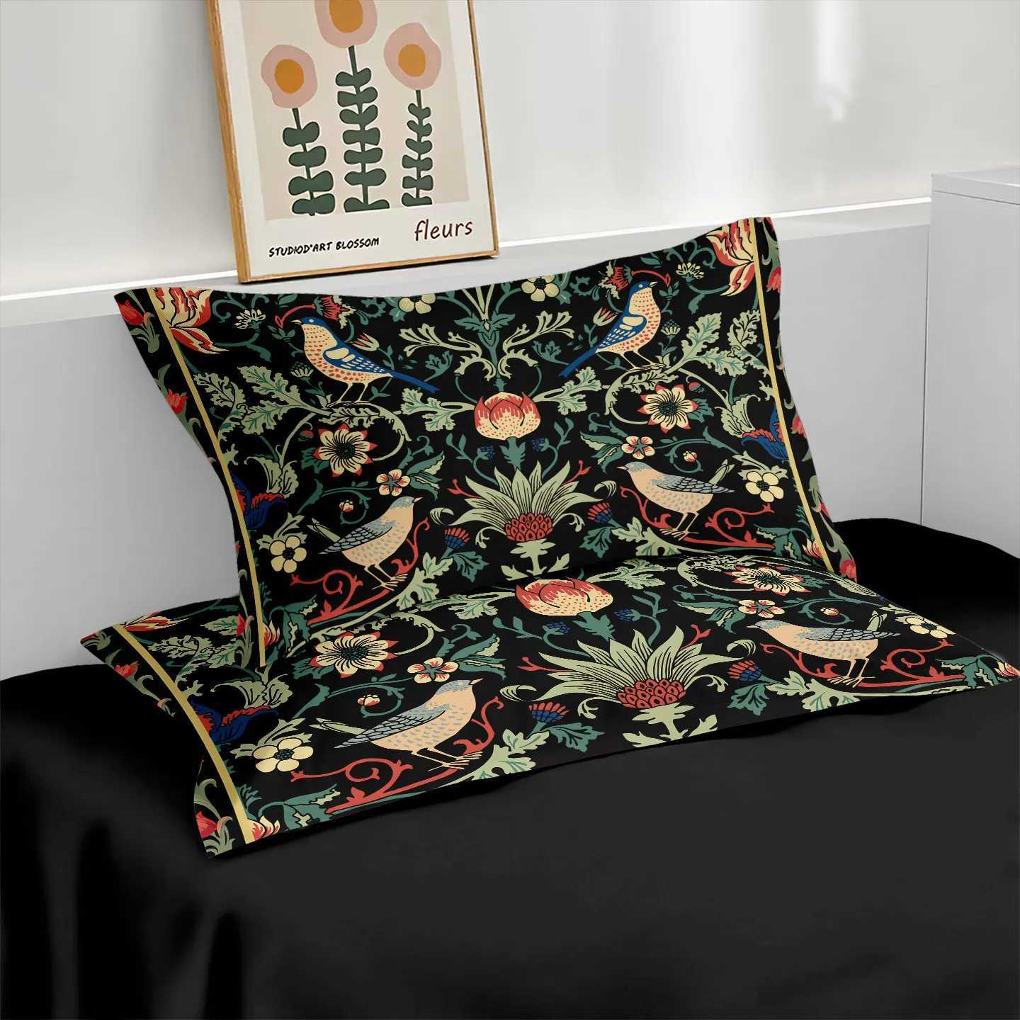 3pcs Black Retro Floral Print Coreless Duvet Cover Set Multi Size Bedroom Dormitory Soft and Comfortable Machine WashableM251118