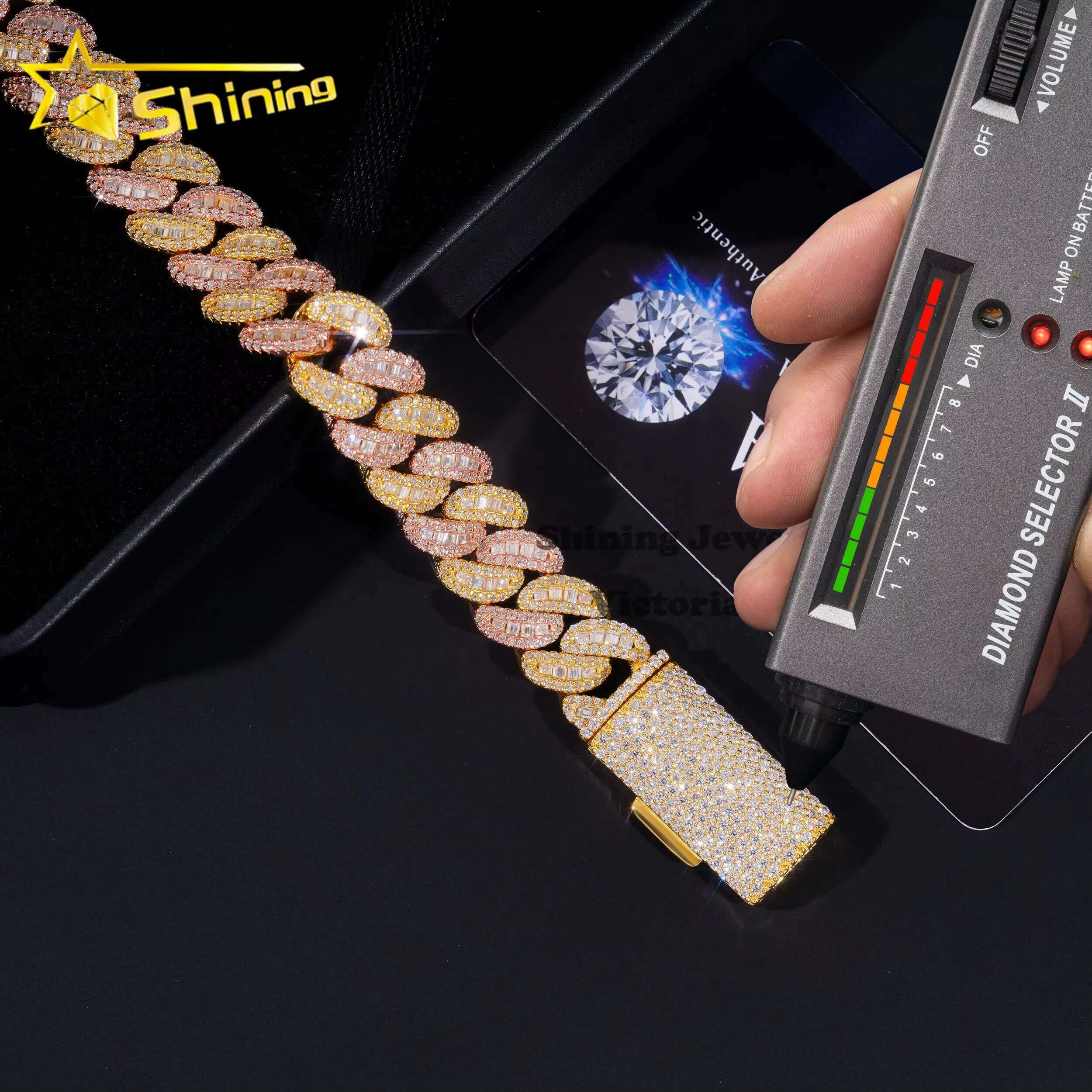 Hip Hop Iced Out Sterling Sier Rose Mix Yellow Gold 13MM Width Baguette Moissanite Cuban Link Chain Bracelet for Men