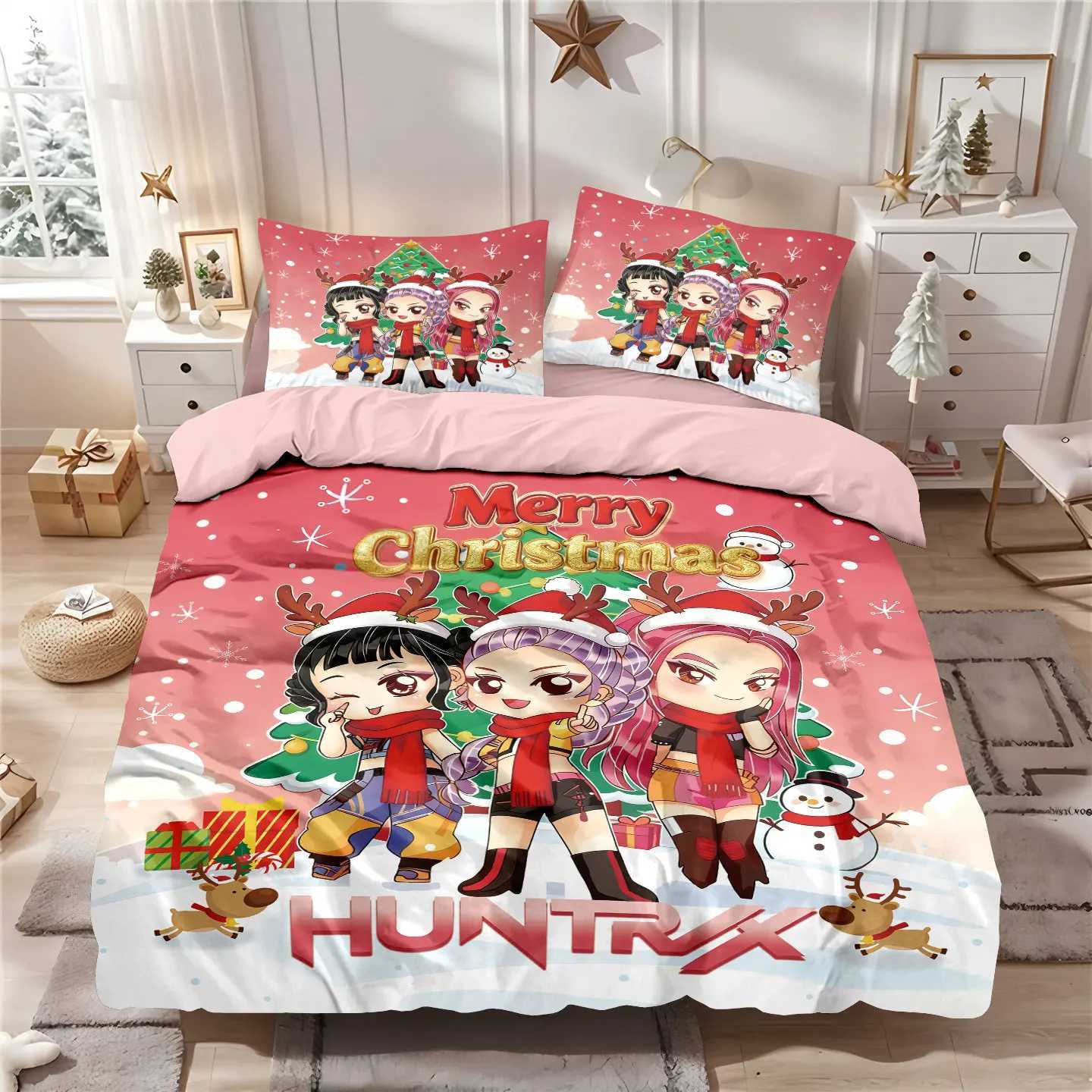 3pcs K-Pop Demon Hunters Merry Christmas Print Coreless Quilt Set Bedrooms Dormitory Bedding Set Soft Machine WashableM251118
