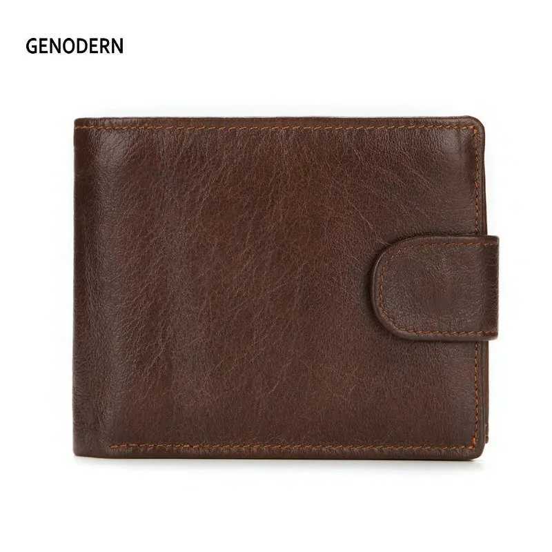 GENODERN New Wallet with Buckle for Men Genuine Leather Men Wallets Brown Male Purse Card HolderT251118
