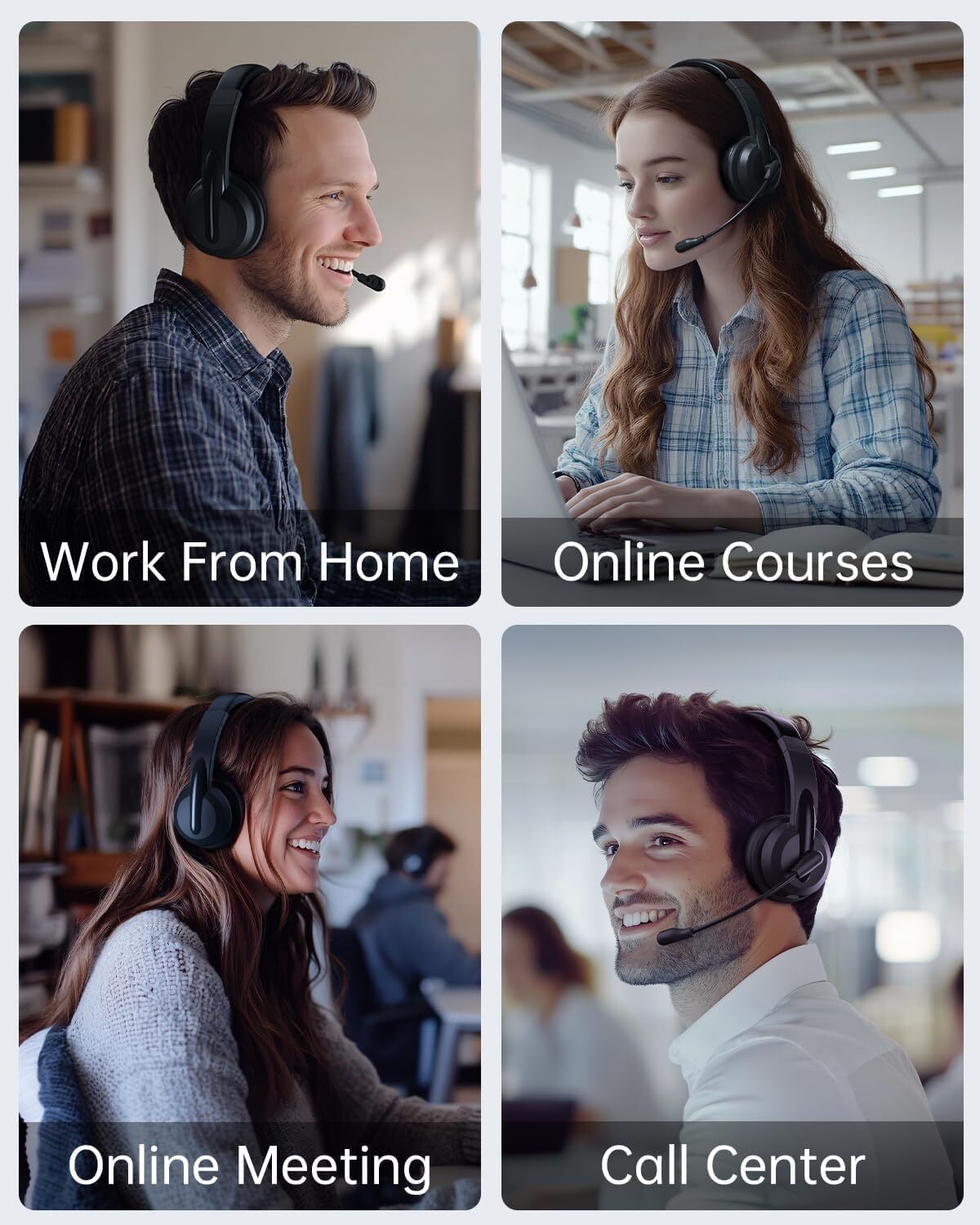 Wireless Headset Work AI Noise Cancelg Clear Calls, Bluetooth V5.3 Headphones with Microphone to USB A/C Dongle & Mic Mute for Computer Laptop PC iPho