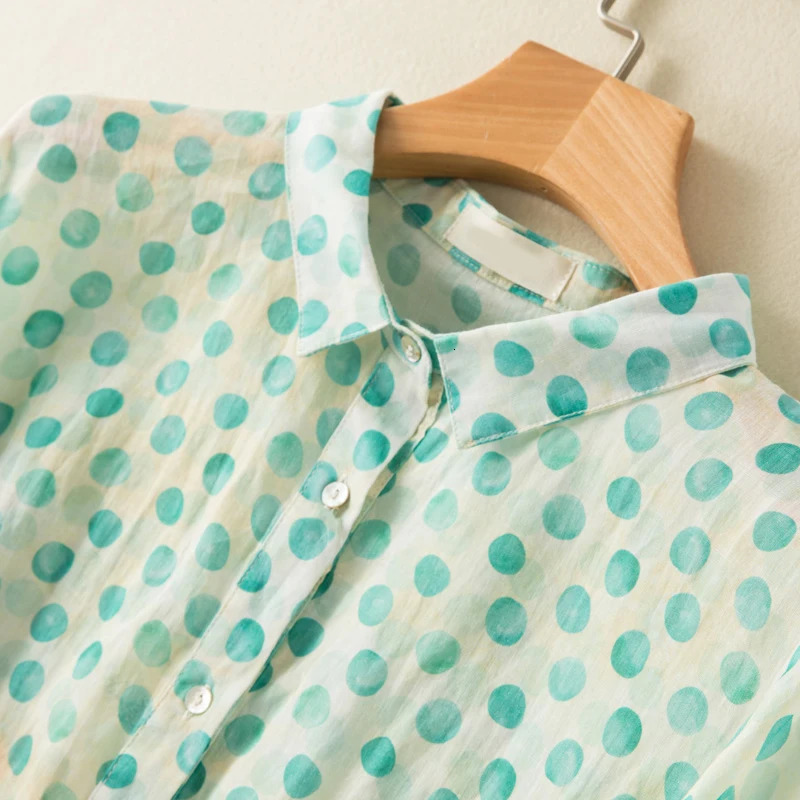 Polka Dot Printing Casual Linen Polo-Neck Short Sleeve Single Breasted Womens Blouse Shirt Female Clothing Tops Spring 250417