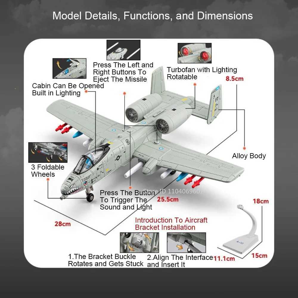 132 A-10 Thunderbolt II Alloy Model Fighter Jet Metal Diecast F-14 Fighters Sound Light Doors Opened Ornament Models for Boys C251118