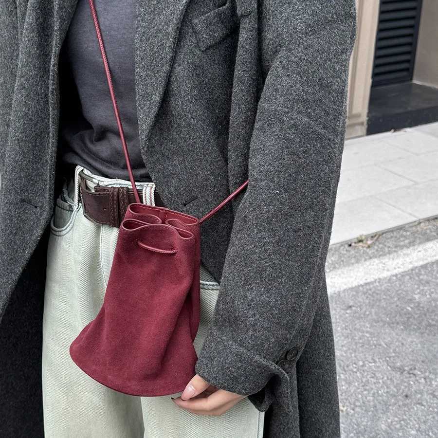 Korean Style Niche Drawstring Close Bucket Bag Small Ins Simple Matte Suede Cow Leather Women Crossbody Bag Hot Pink Daliy PouchW251118
