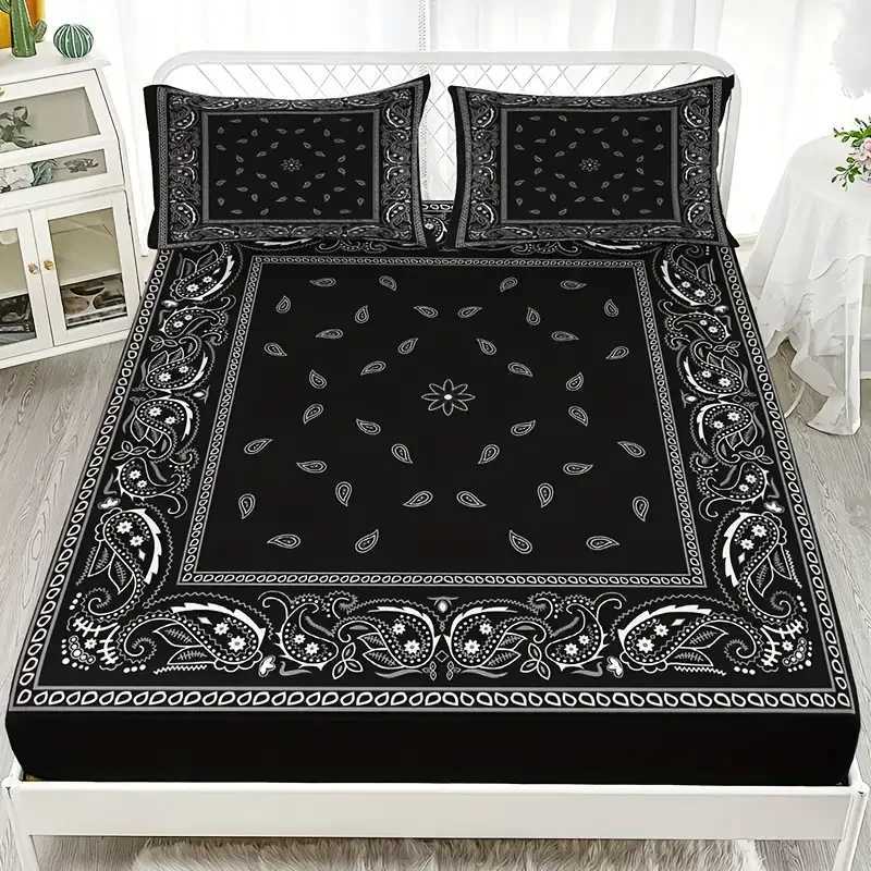 Black Paisley Mandala Fitted Sheet Set Bohemian Style Mattress Covers Soft Breathable With Deep Pocket for BedroomM251118
