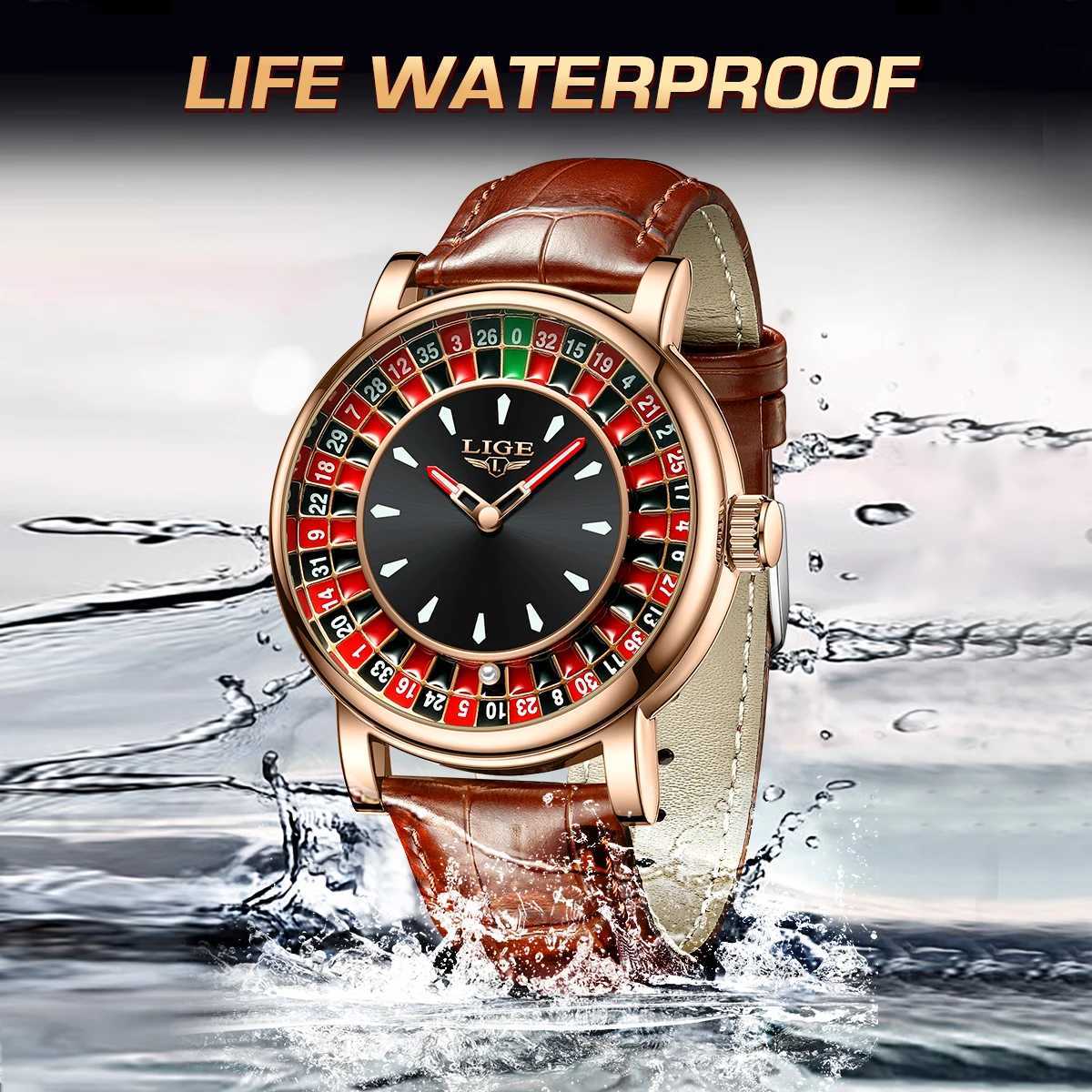 LIGE Russian roulette dial mens watch creative dial mens watch commercial leather luminous rotating lucky ball watch M250418