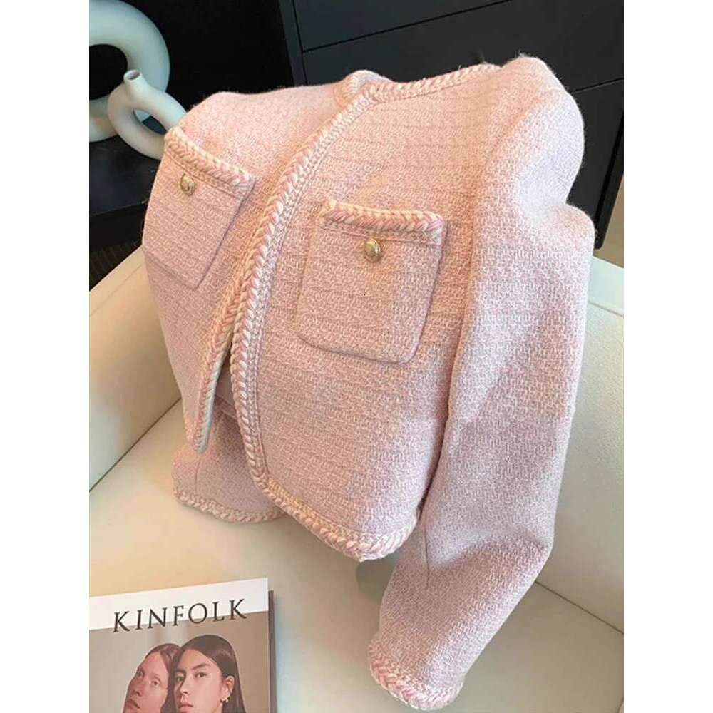 Designer Clothes Single Breasted Elegant Cropped Coat Korean Fashion O-Neck Short Outerwear Autumn And Winter New Pink Sweet Tweed Jacket Women