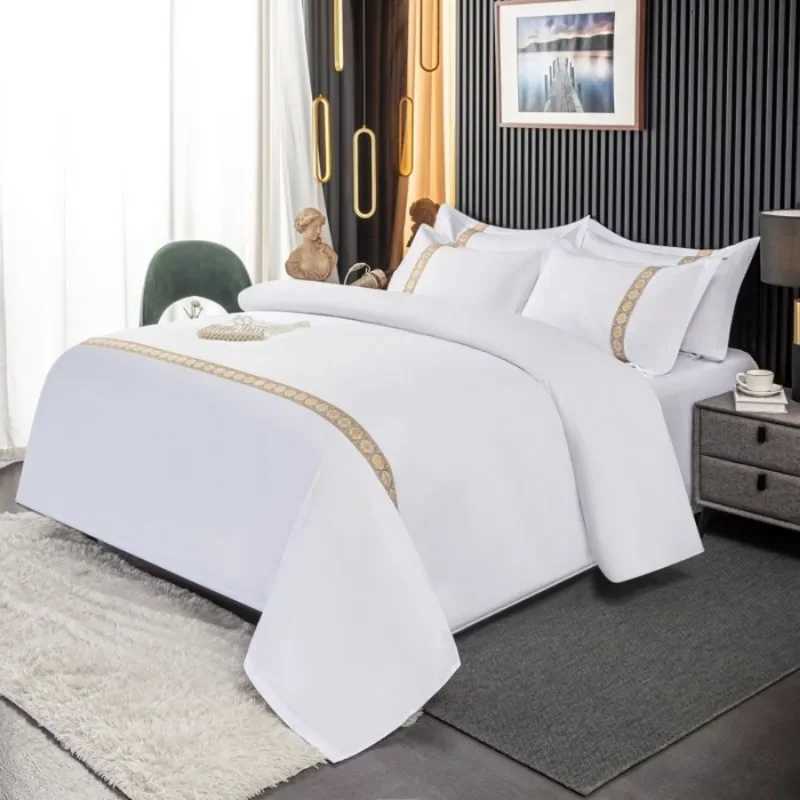 New 140g twill thickened hotel four-piece hotel linen pure white single quilt set webbing hotel bed and breakfastM251118