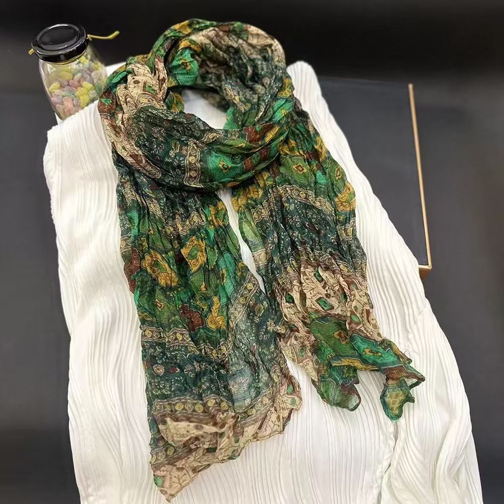 T499 cotton and linen scarf new style literary retro pleated ethnic style hot style small floral hundred multi-purpose fashionable neck scarf