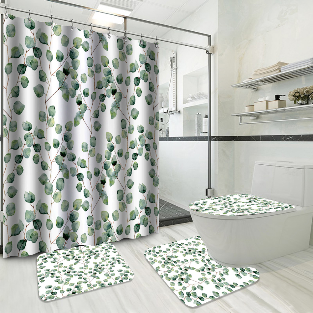 YL-37743 Hot Selling Shower Curtain 4-Piece Set, Green Plant Series, Waterproof and Mildew-Proof Shower Curtain, No Drilling Required