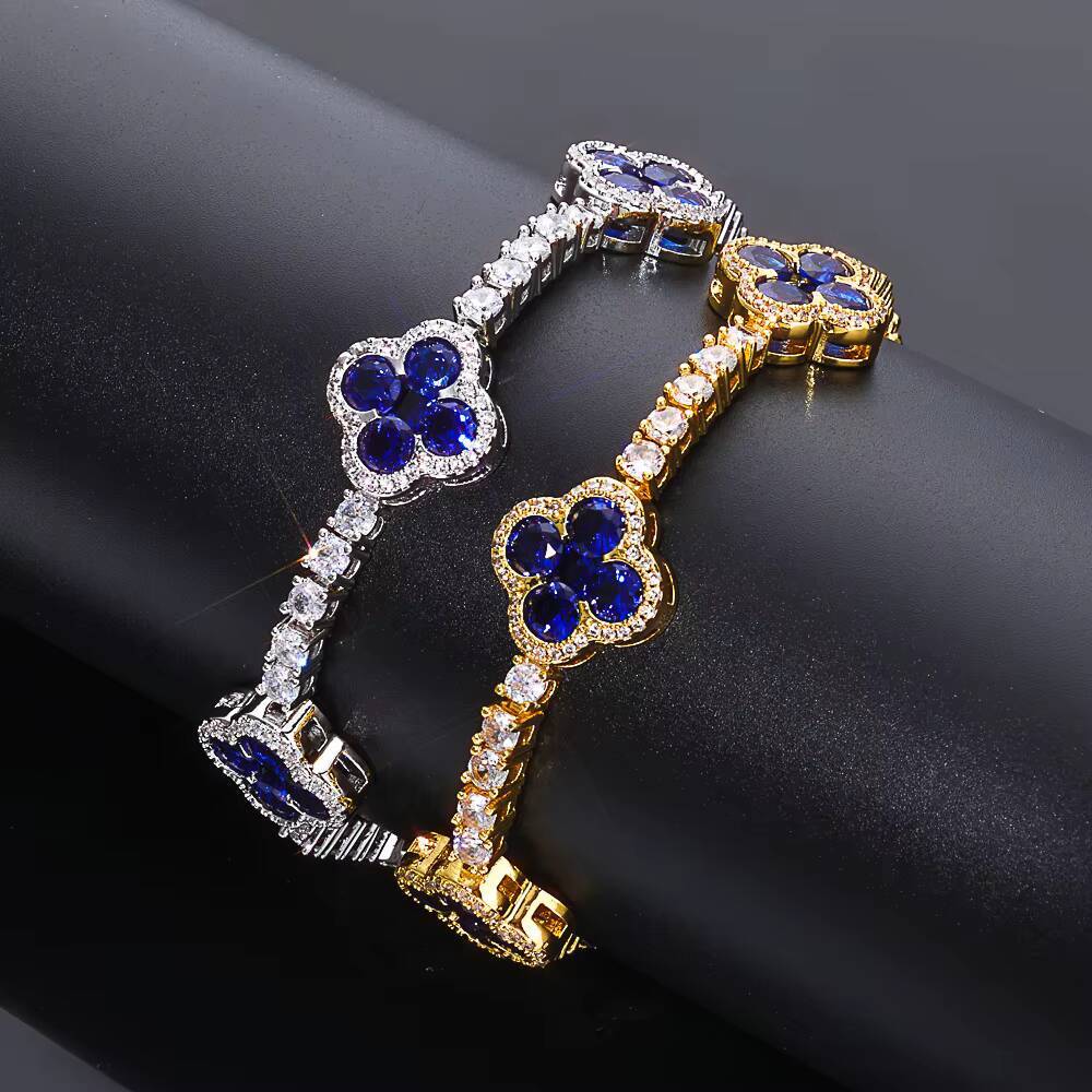 Laboratory cultivation of Moissanite Iced Out CZ Tennis Chain Blue Cubic Zirconia Four Leaf Clover Chain Bracelet Women Hip Hop Fine Jewelry