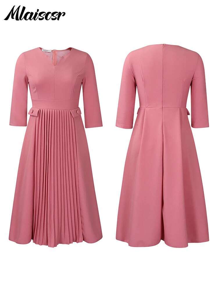 Mlaiscsr Elegant Pink A-E Dresses Women V-Neck 3/4 Sleeve Pleat African Party Evening Guest Birthday Midi Dress OL Clothing