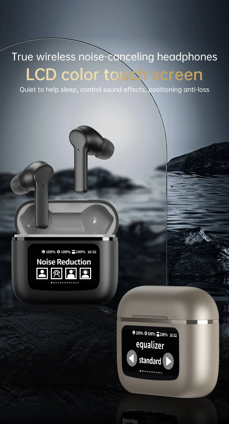 YW09 bluetooth Headset with APP LCD Full Color Touch Screen Charging Case Waterproof Wireless Earphone Support Time Setting