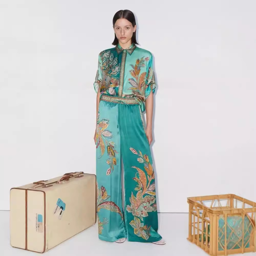Women Two Piece Wid Let Pants Suit New Printed Satin Short Sleeve Collar Shirt and Pants Casual Set