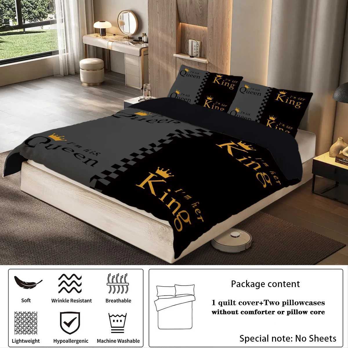 3pcs fashionable black gray crown design printed bedding set soft comfortable and breathable down duvet cover bedroom hotelM251118