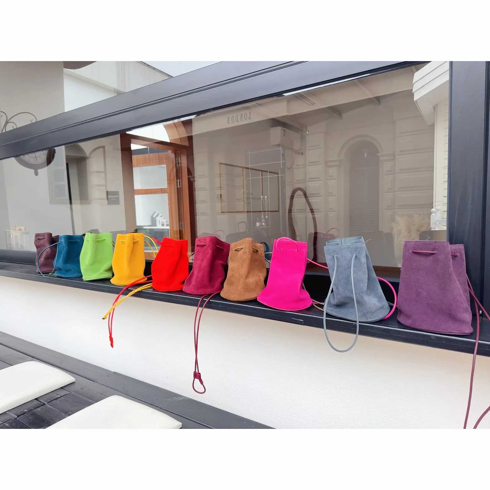 Korean Style Niche Drawstring Close Bucket Bag Small Ins Simple Matte Suede Cow Leather Women Crossbody Bag Hot Pink Daliy PouchW251118