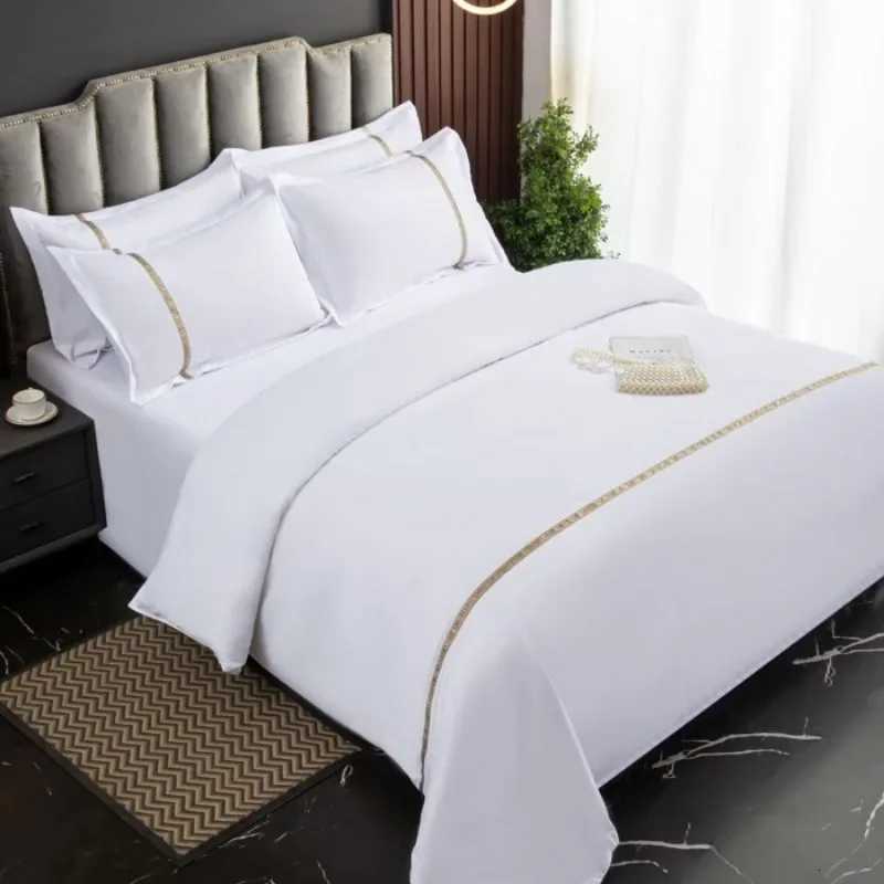 New 140g twill thickened hotel four-piece hotel linen pure white single quilt set webbing hotel bed and breakfastM251118