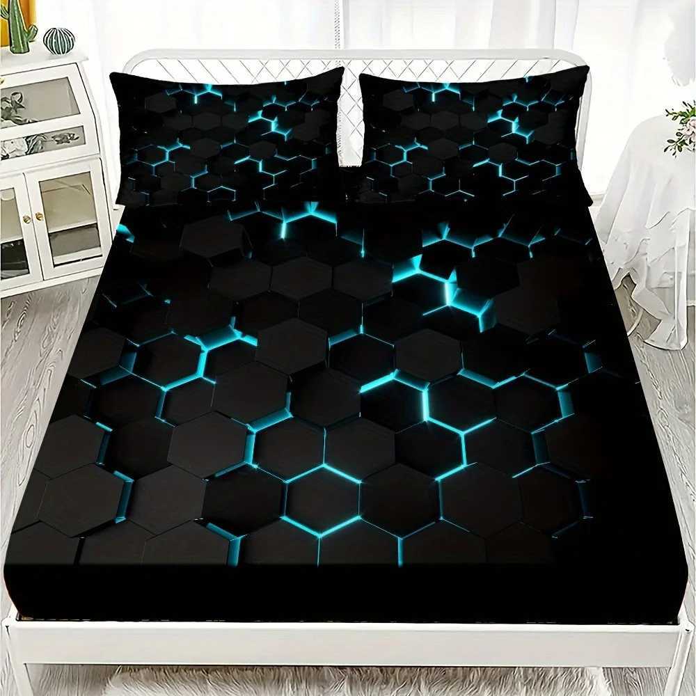 Blue 3D Hexagonal Honeycomb Geometry Print Fitted Sheet Set Column Mosaic Art Neon Mattress Covers Bedding Set With Deep PocketM251118