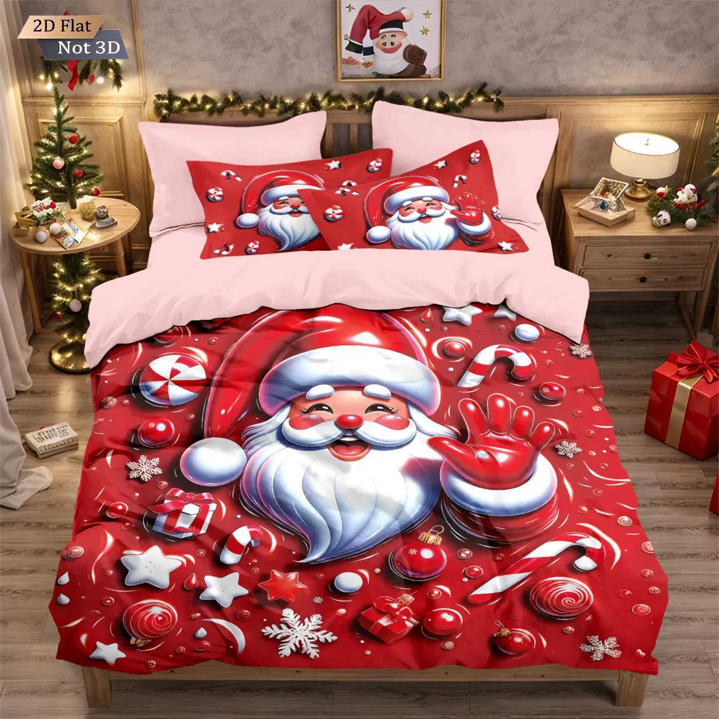 3pcs Red Santa Claus Printed Chipless Bedding Set Soft and Comfortable Dormitory Bedroom Multiple Sizes Machine WashableM251118