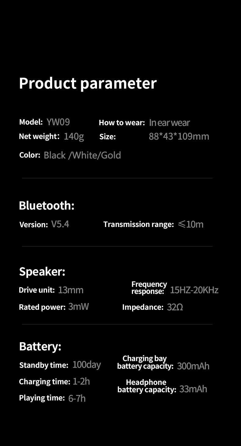 YW09 bluetooth Headset with APP LCD Full Color Touch Screen Charging Case Waterproof Wireless Earphone Support Time Setting