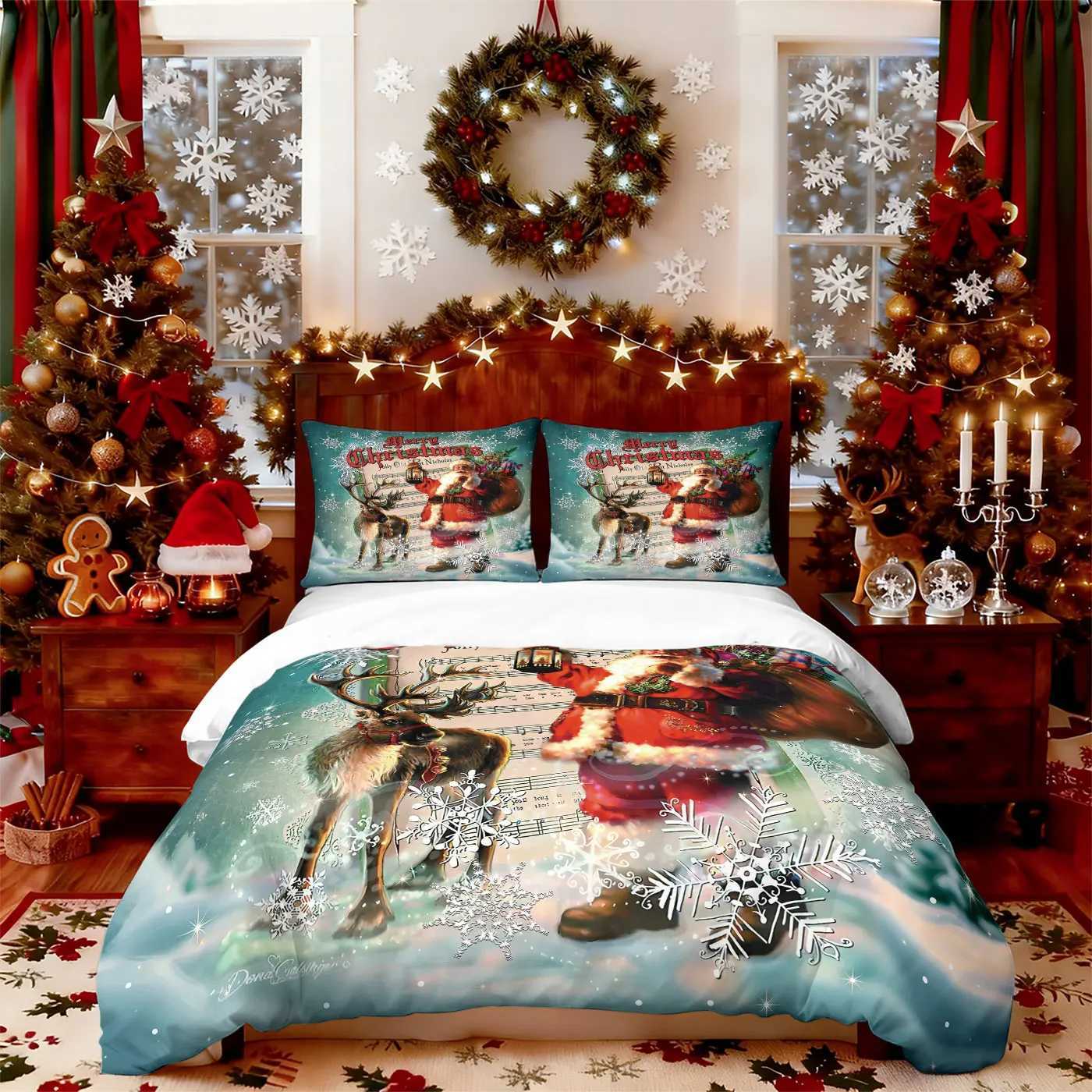 3pcs Santa Claus print coreless duvet set multi size bedroom dormitory bedding holiday decoration machine washableM251118