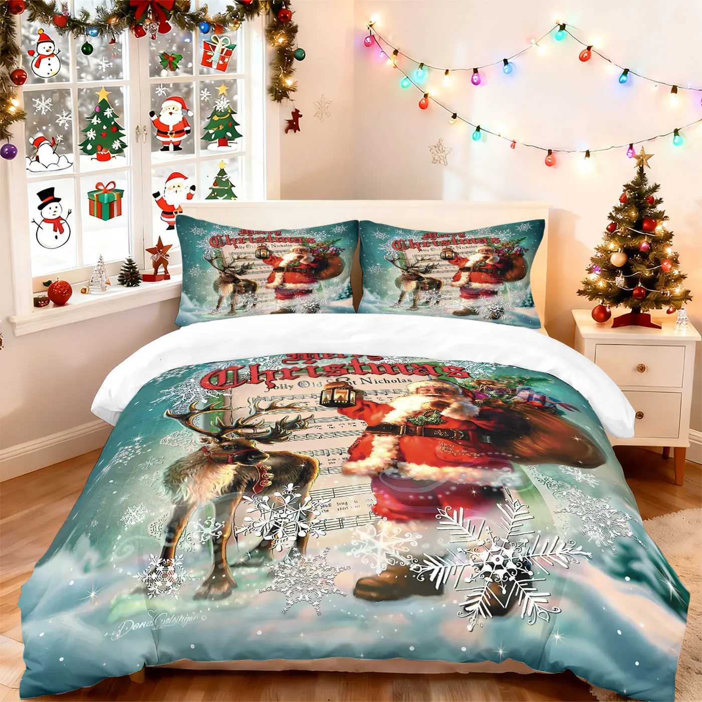 3pcs Santa Claus print coreless duvet set multi size bedroom dormitory bedding holiday decoration machine washableM251118