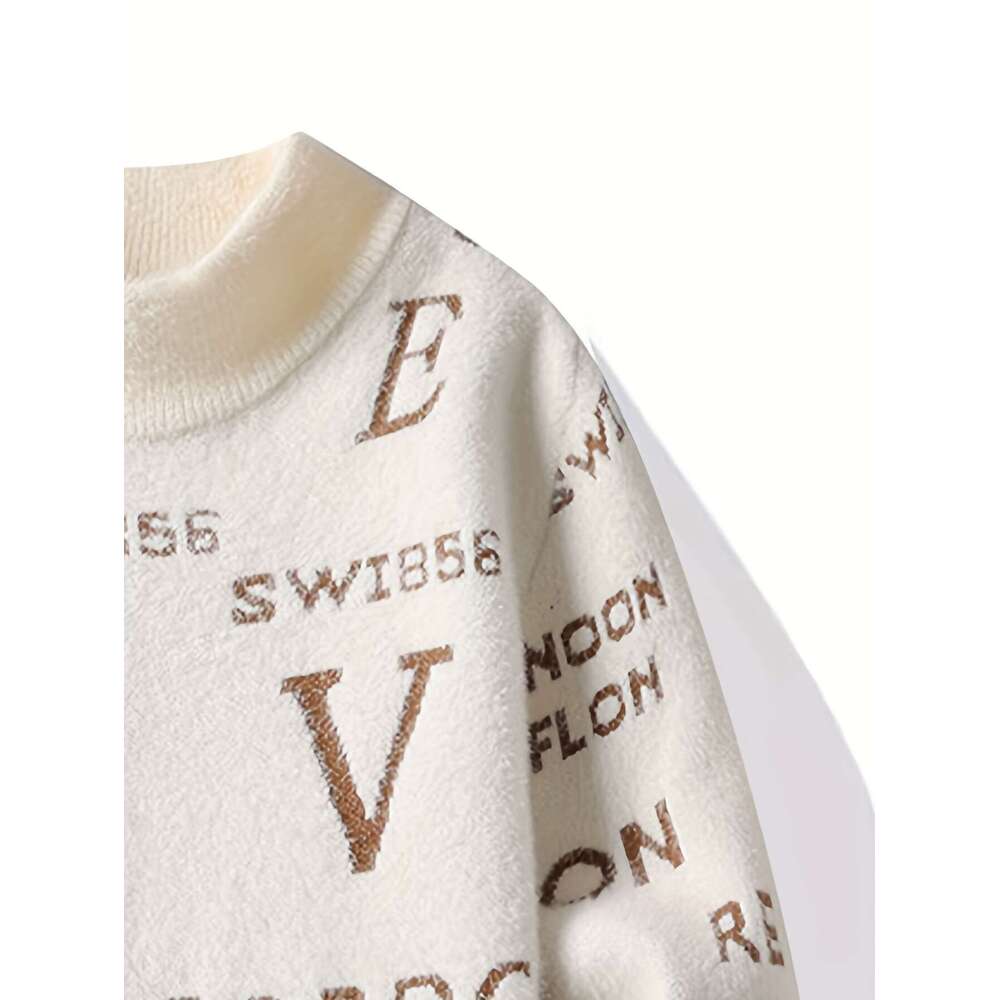 Men's Beige & Blue Color Block, Warm Round Neck Pullover Fall/Winter, Everyday Casual Formal Outfits - Autumn Winter Knit Sweater For Men, Sweate