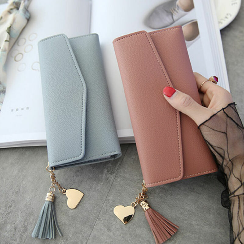 Women's Long Envelope Style Wallet Trifold Multi-card Slot Tassel Decor Purse With Heart-shaped Pendant Card Slots Zipper Cash Pocket