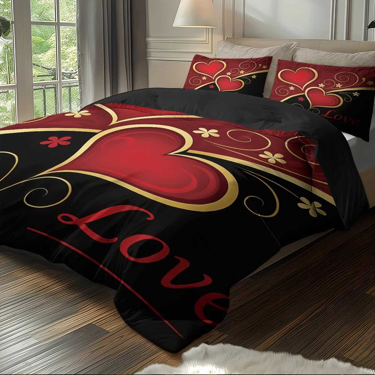 3pcs 1 duvet cover 2 cases coreless black and red Valentines Day heart Love design printed pattern bedding setM251118