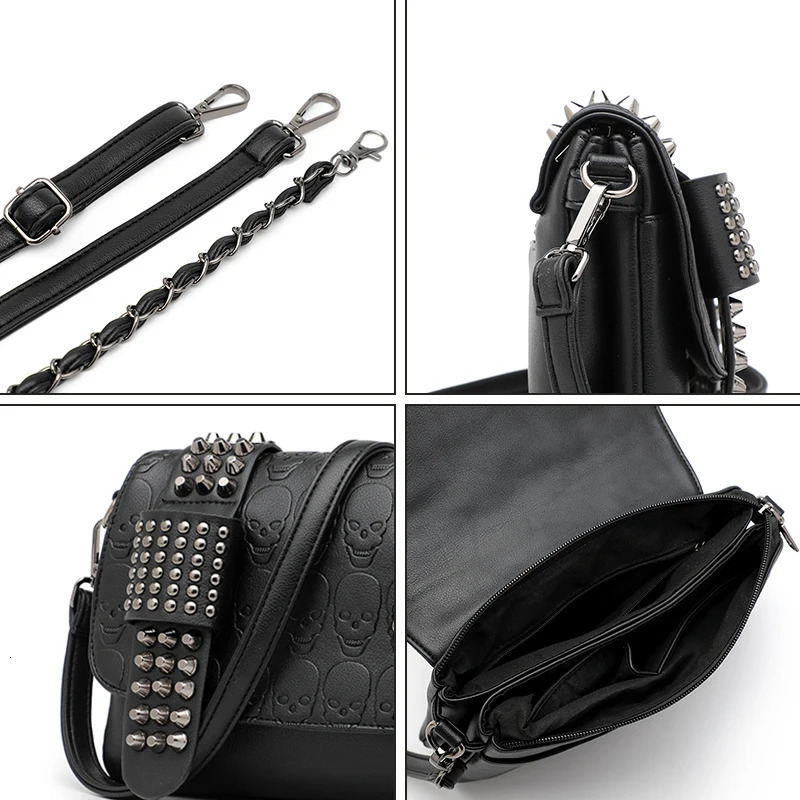 JIETOTYX Women Black Leather Messenger Bags Single Skull Rivet Shoulder Bags Sac A Main Bolsa Black Vintage Sexy Bag Lady Drop 250417
