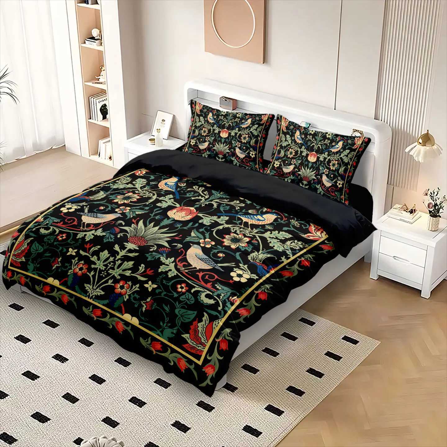 3pcs Black Retro Floral Print Coreless Duvet Cover Set Multi Size Bedroom Dormitory Soft and Comfortable Machine WashableM251118