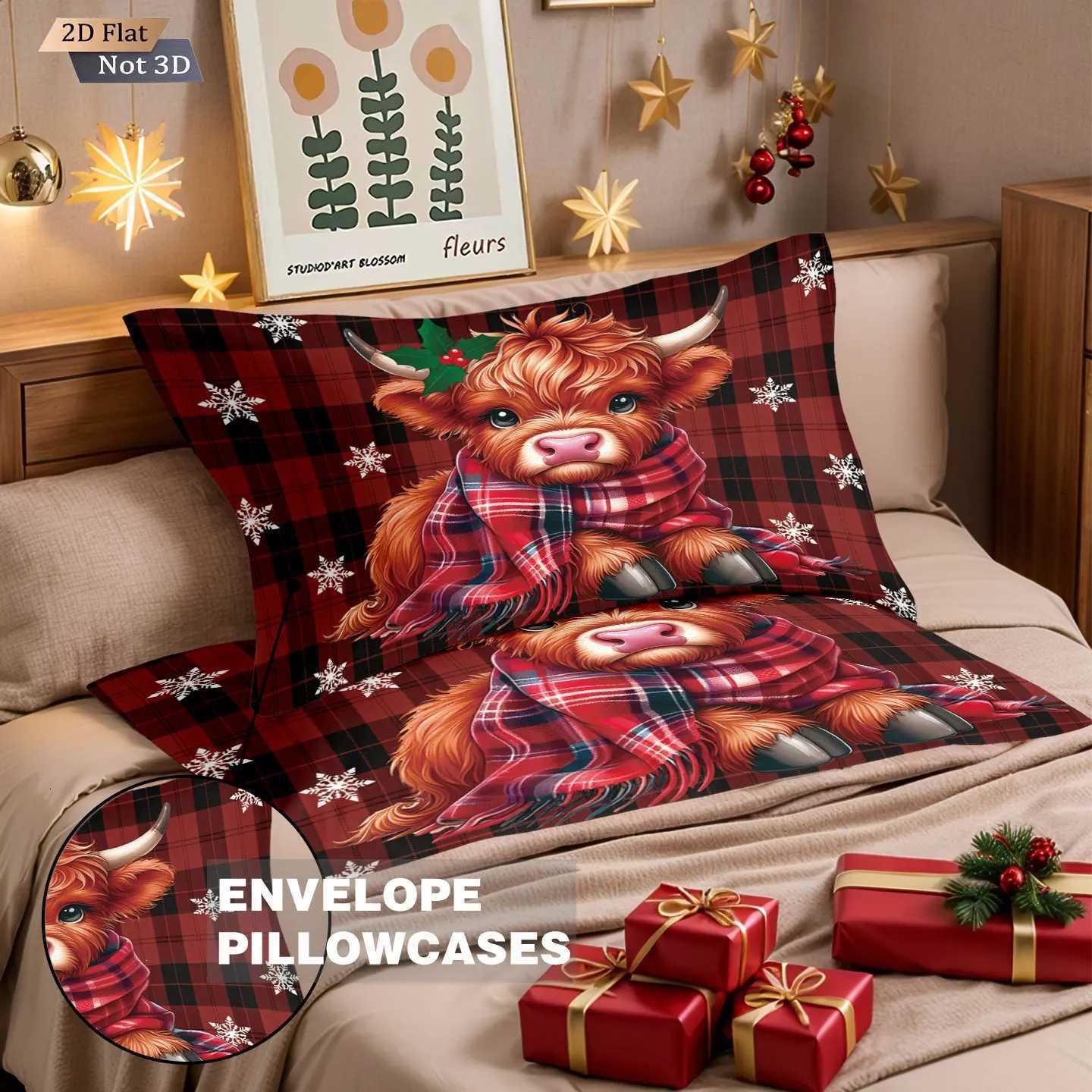 3pcs Christmas highland cattle print coreless quilt set multi size bedroom dormitory bedding decoration soft machine washableM251118