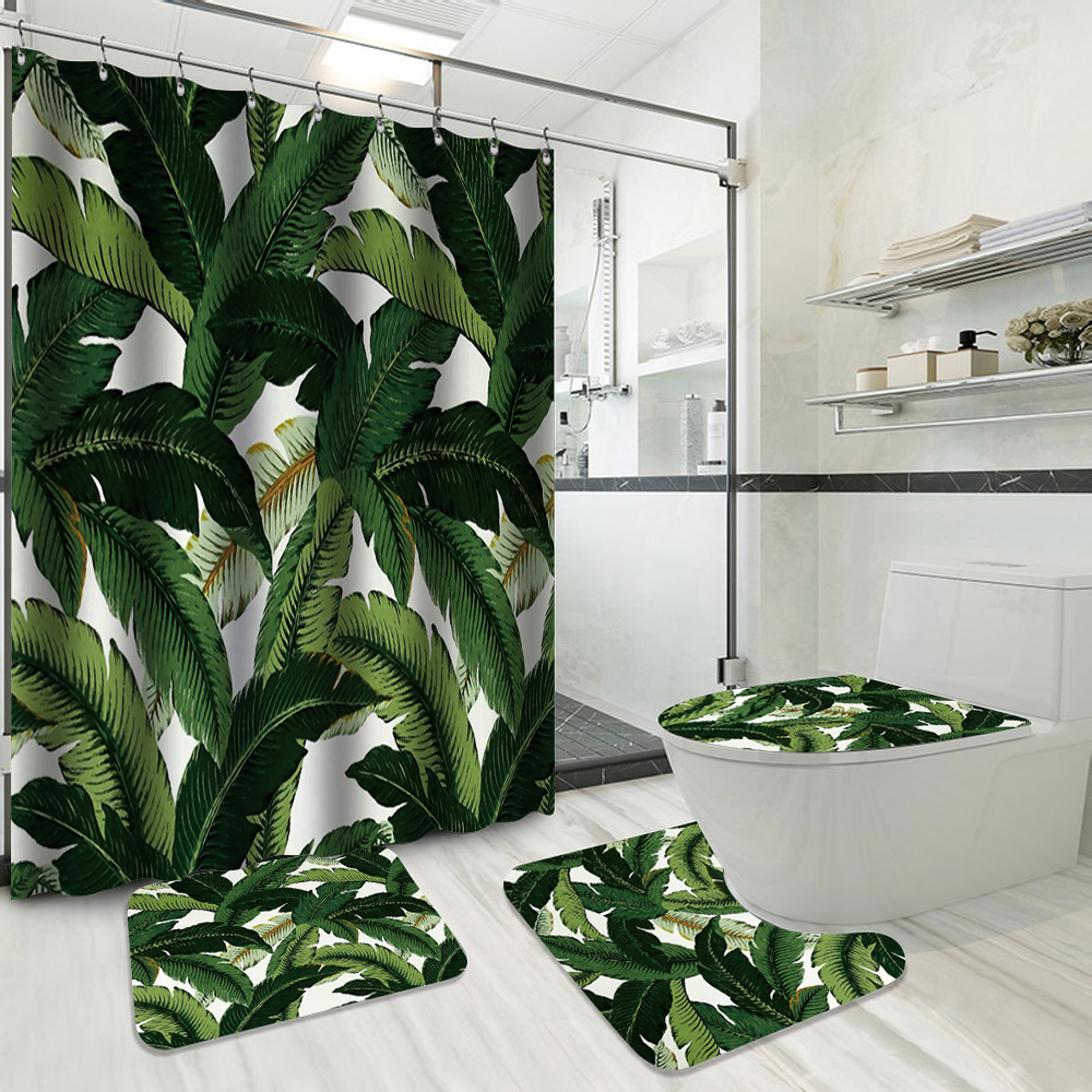 YL-37737 Hot Selling Shower Curtain 4-Piece Set, Green Plant Series, Waterproof and Mildew-Proof Shower Curtain, No Drilling Required