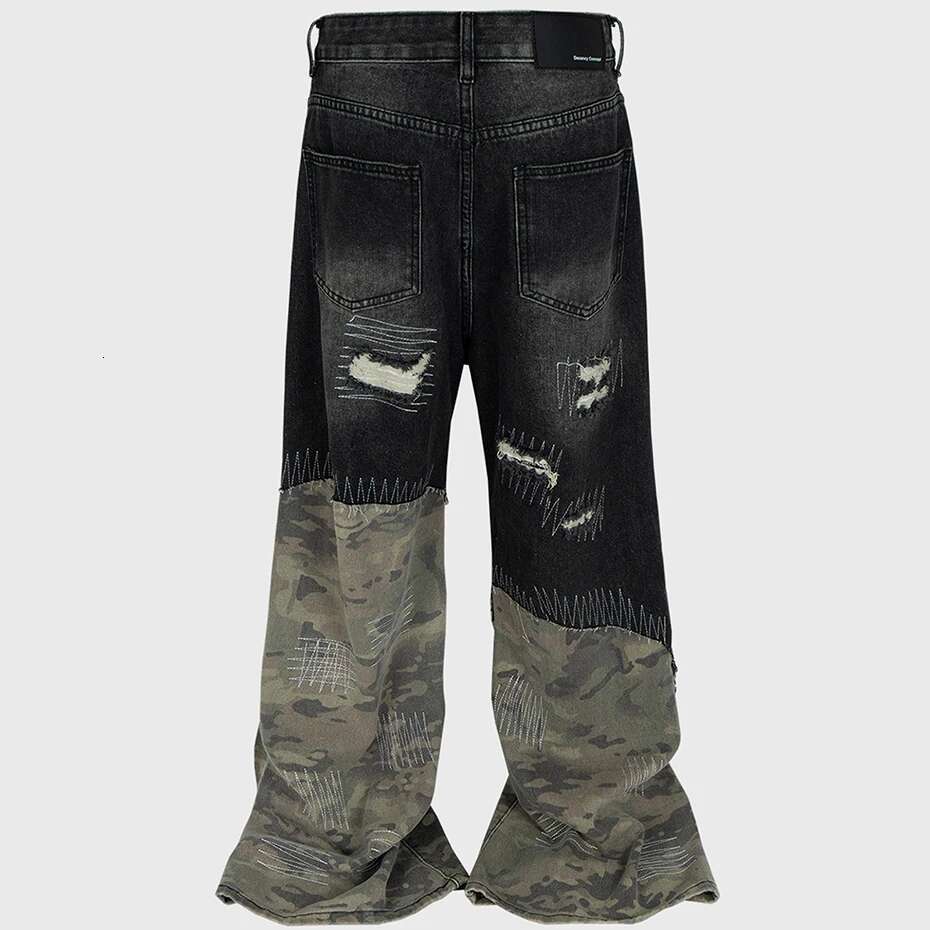 Camouflage Patchwork Vintage Ripped Splicing Flared Denim Pants Men Streetwear Hip Hop Blue Baggy Jeans Trousers