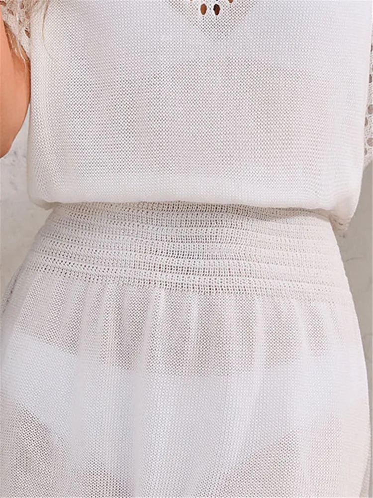 2024 Womens Beach Dress Knitted Khaki Elastic Waist Summer Sun Skirt White Midi Black 250415Z