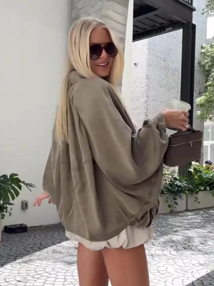 Fashionable womens solid loose suede jacket fashionable bubble long sleeved lapel zipper oversized pleated Year 250418