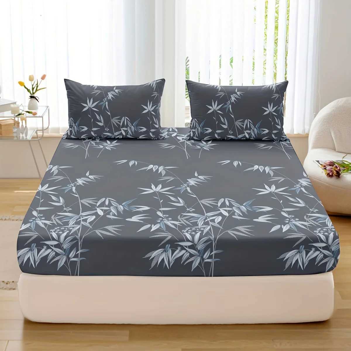 3pcs Bamboo Leaf Print Fitted Sheet Set - Soft Breathable Comfortable Hypoallergenic Bedding for Bedroom Guest Room - 1 FittM251118