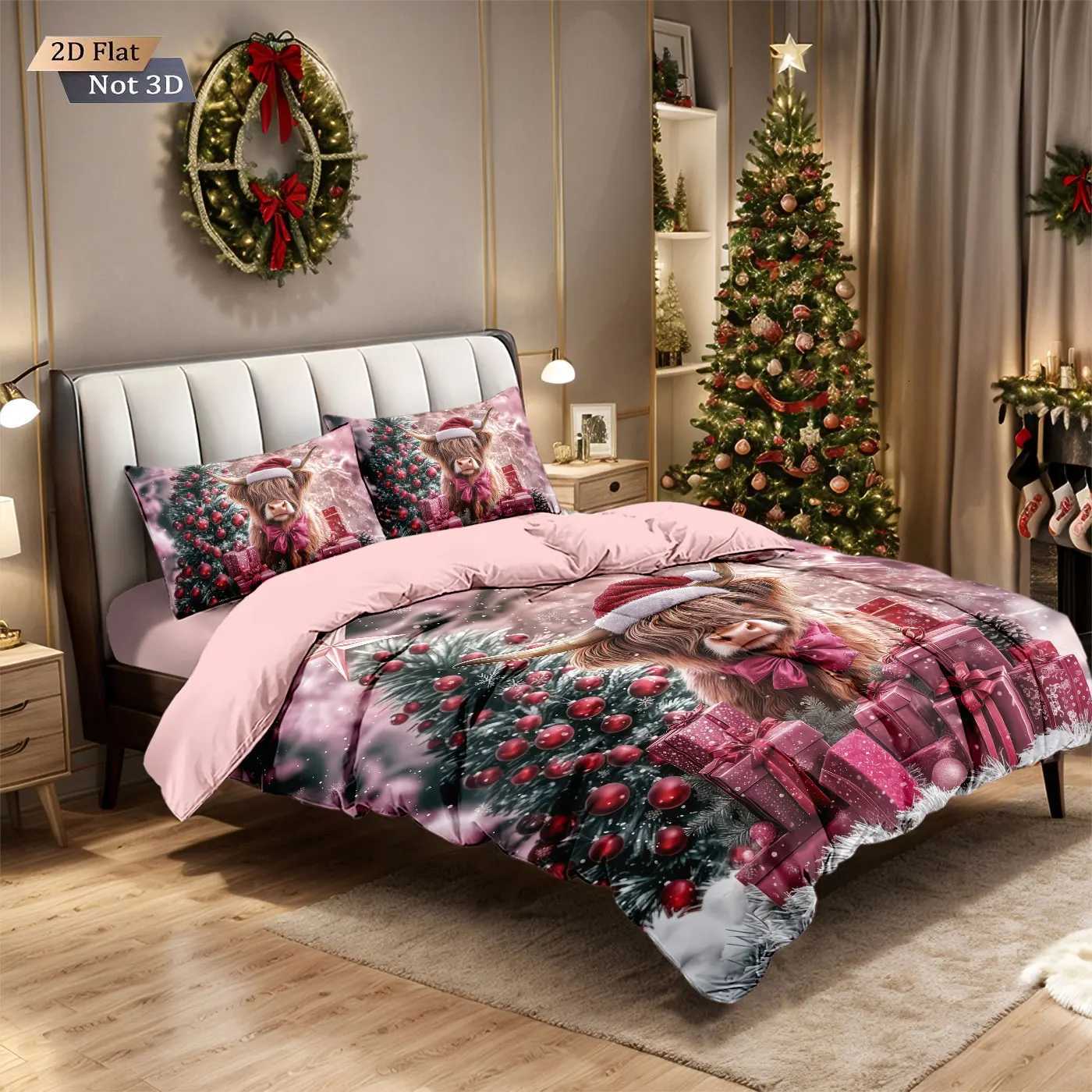 3pcs Red Christmas Highland Cow Gift Print coreless Bedding Set Soft Dormitory Bedroom Multiple Sizes Machine WashableM251118