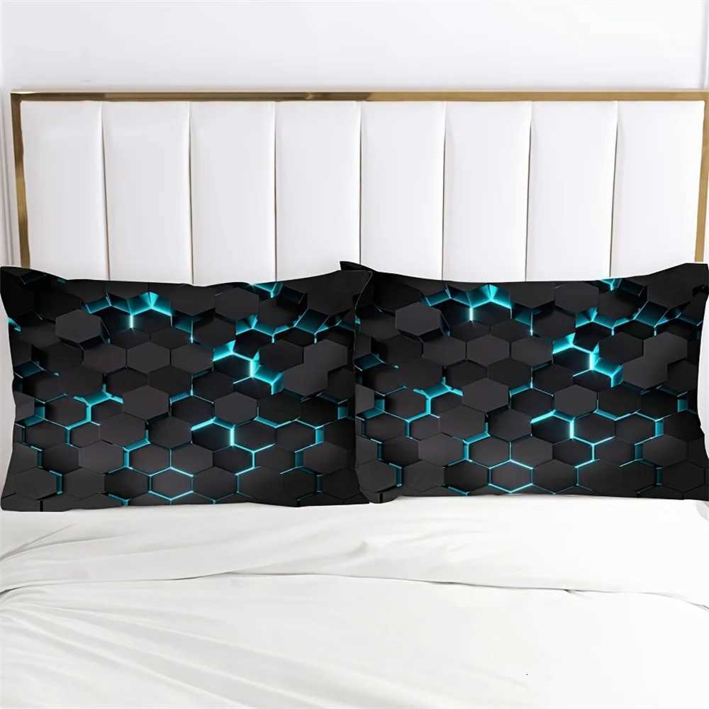 Blue 3D Hexagonal Honeycomb Geometry Print Fitted Sheet Set Column Mosaic Art Neon Mattress Covers Bedding Set With Deep PocketM251118